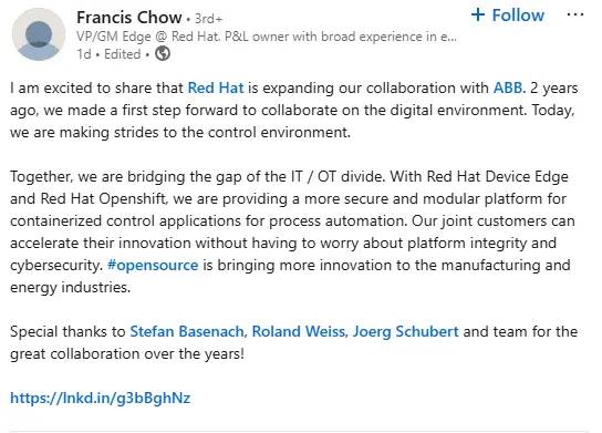 Francis Chow, Vice President and General Manager of Edge at Red Hat