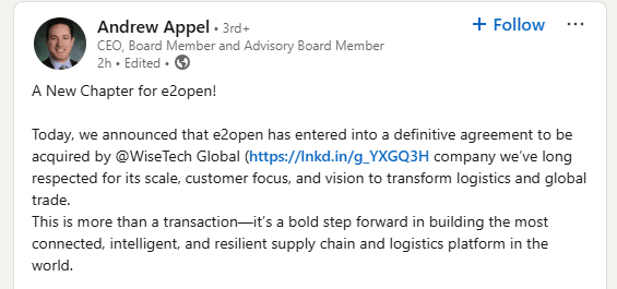 e2open ceo andrew appel stated wisetech acquired e2open for $2.1 billion