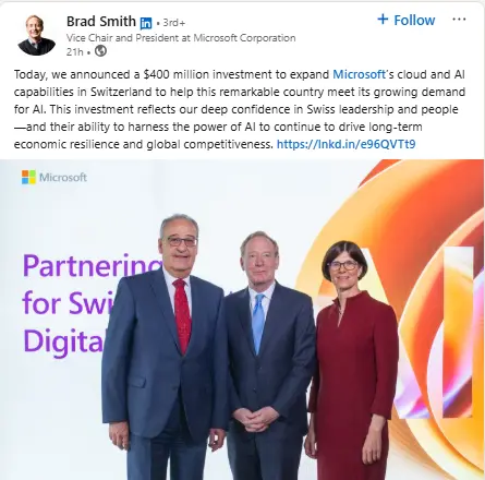 brad smith announced microsoft to invest $400 million in land to forta ai and cloud infrastructure