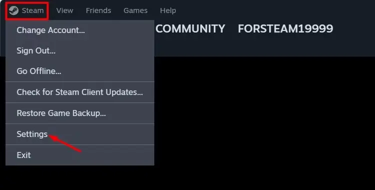 Steam menu with Settings option highlighted