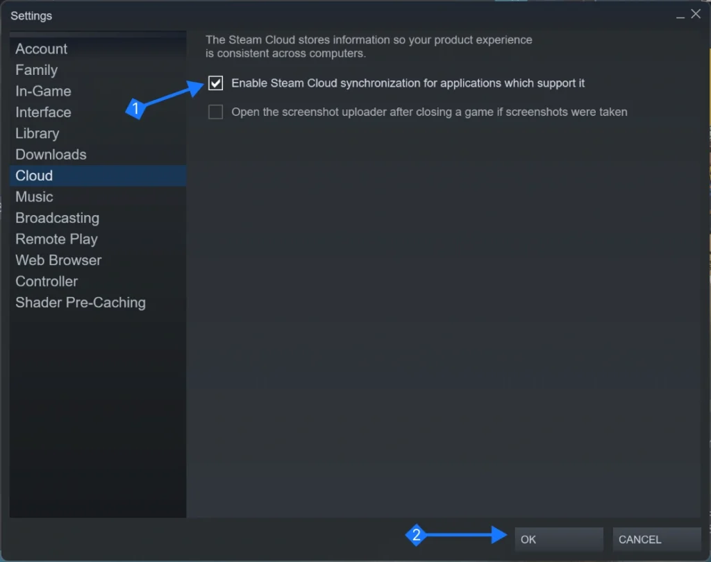 enable steam cloud synchronization