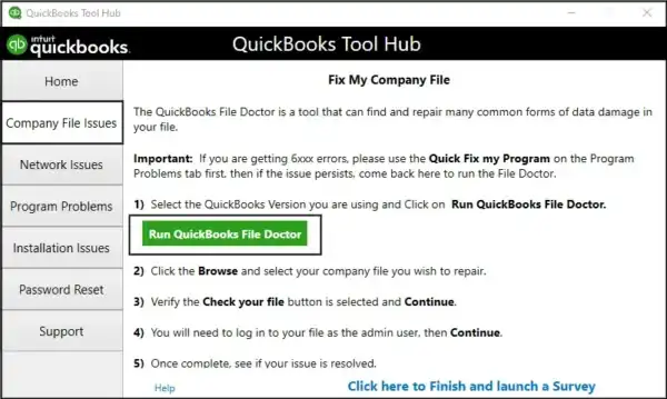 fix company file issues (file doctor) with tool hub
