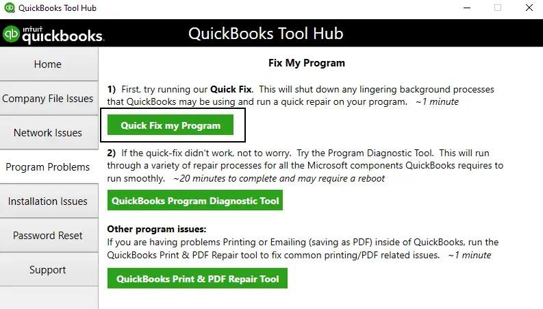 fix program problems (quick fix my program) with tool hub