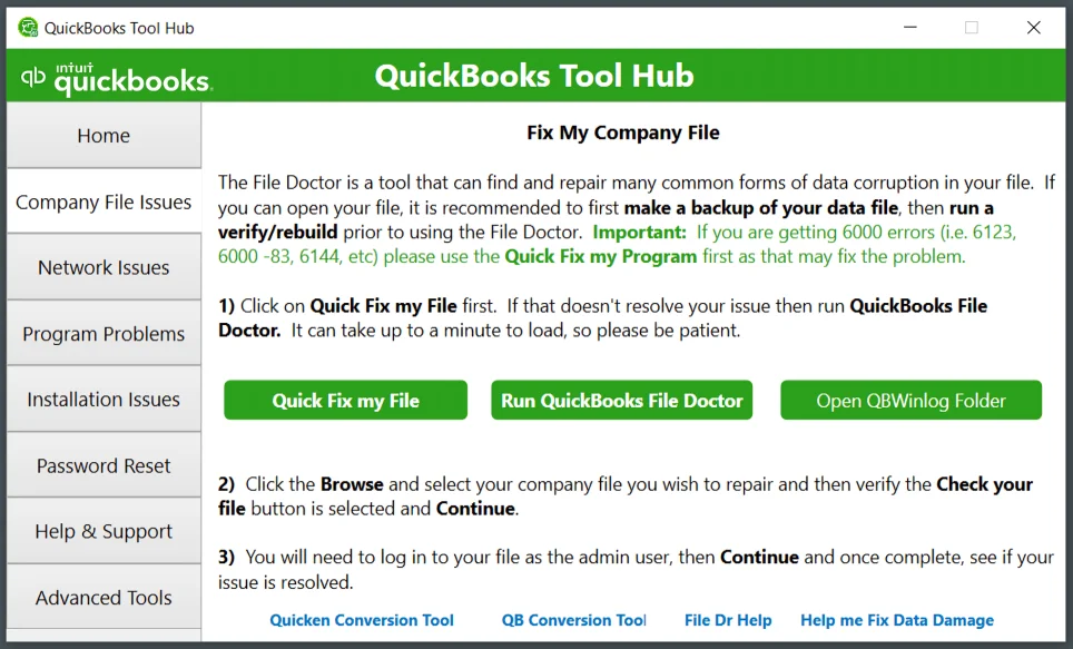QuickBooks Tool Hub Company File Issues tab