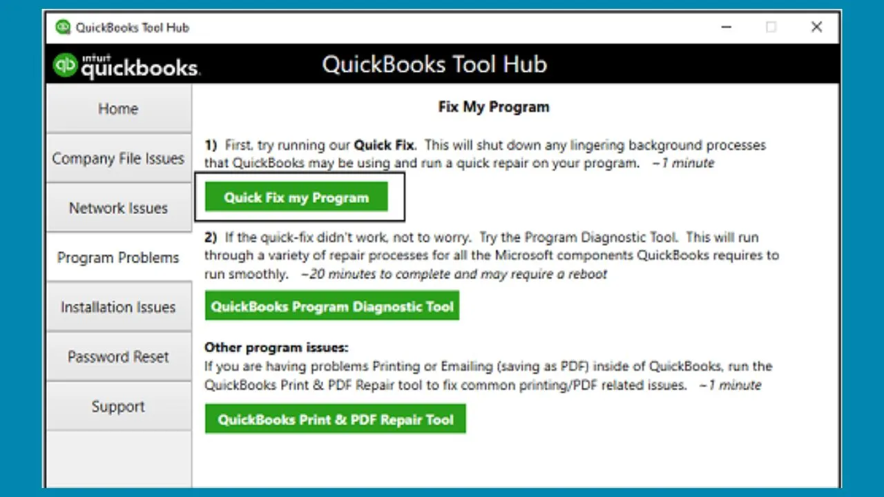 QuickBooks Tool Hub (repair PDF and program components)
