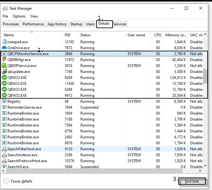 Task Manager showing QuickBooks background processes to end